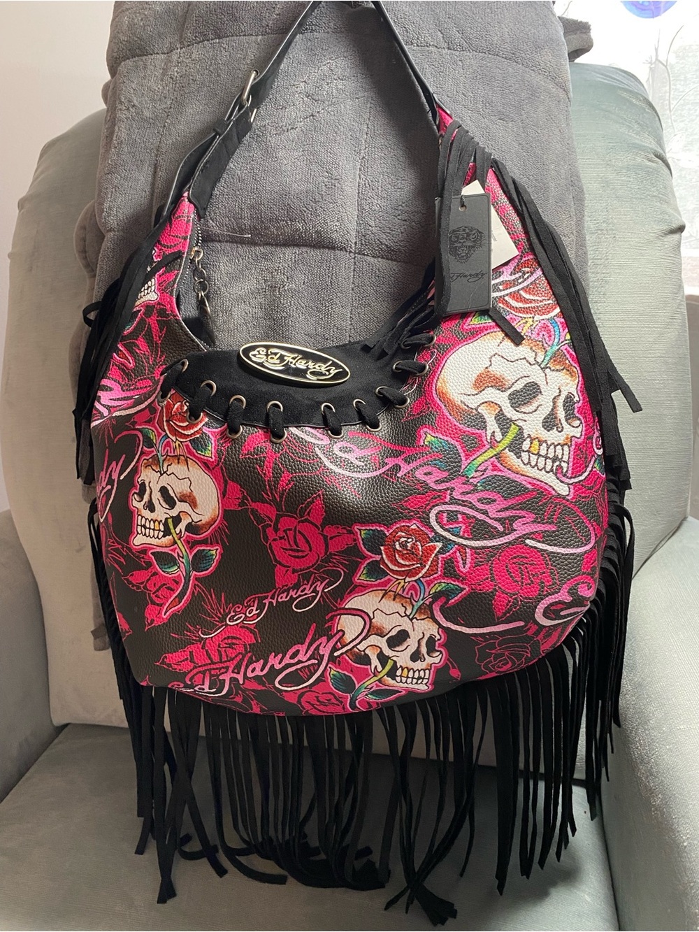 Ed Hardy NWT Edgy Skull Fringe Hobo Shoulder Bag Y2K Tattoo Print